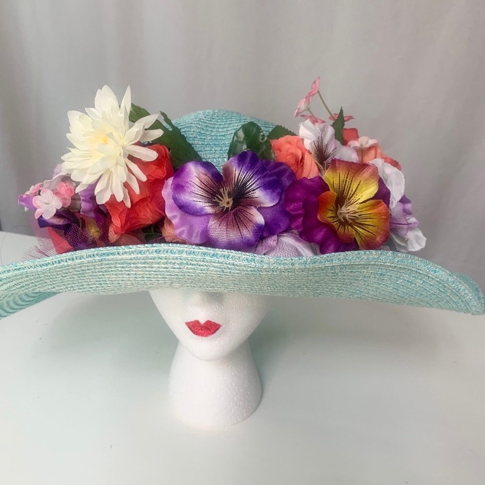 Turquoise Derby or beach hat custom made by me! Flowers are removable Coachella